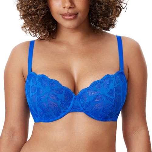 Balconette Plus Size Lace Sexy Bras, Sparkle Blue