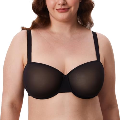 Cosnufy Balconette Bra Sheer Mesh Plus Size See Through Underwire Unlined Bras, Black
