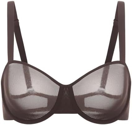 Cosnufy Balconette Bra Sheer Mesh Plus Size See Through Underwire Unlined Bras, Hazelnut