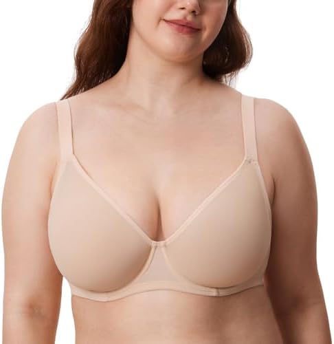 Cosnufy Sheer Mesh Bra Full Coverage Plus Size Plunge Unlined Underwire Bras, Beige