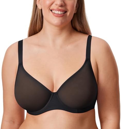 Cosnufy Sheer Mesh Bra Full Coverage Plus Size Plunge Unlined Underwire Bras, Black