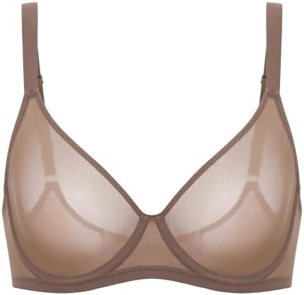 Cosnufy Sheer Mesh Bra Full Coverage Plus Size Plunge Unlined Underwire Bras, Brown Purple