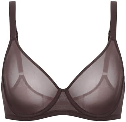 Cosnufy Sheer Mesh Bra Full Coverage Plus Size Plunge Unlined Underwire Bras, Hazelnut