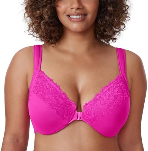 Front Closure Plus Size Lace Bras, Glitter Pink