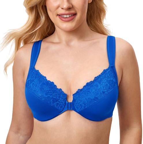 Front Closure Plus Size Lace Bras, Sparkle Blue