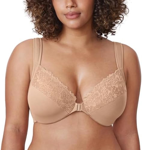 Front Closure Plus Size Lace Bras, Warm Beige