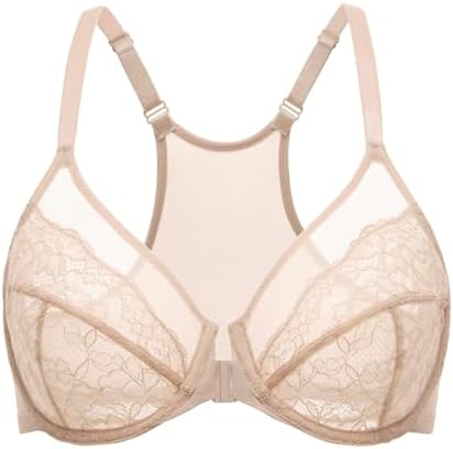 Front Closure Racerback Lace Bras, Beige
