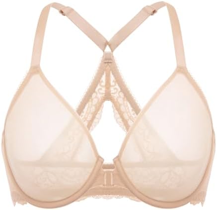 Front Closure Racerback Sheer Bras, Beige