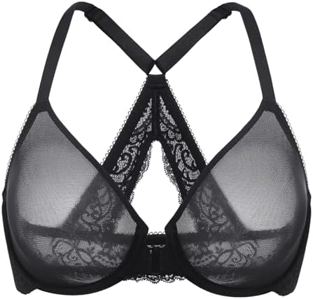 Front Closure Racerback Sheer Bras, Black