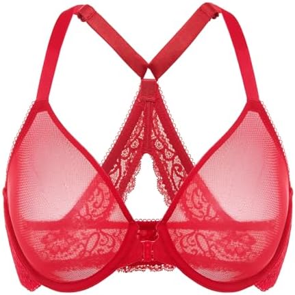 Front Closure Racerback Sheer Bras, Lipstick Red