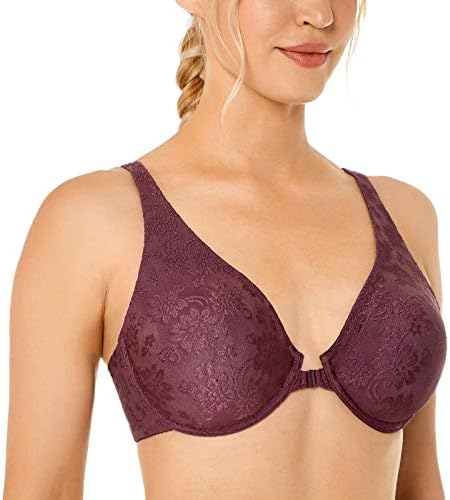 Front Closure Racerback Underwire Full Coverage Unlined Bra, Wine Purple