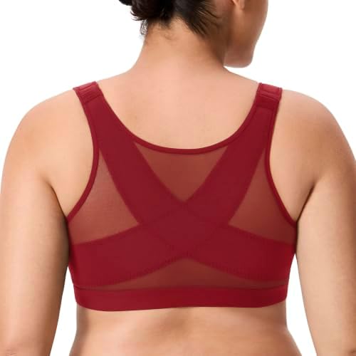 Inbarely Plus Front Closure Posture Bras, Dark Red