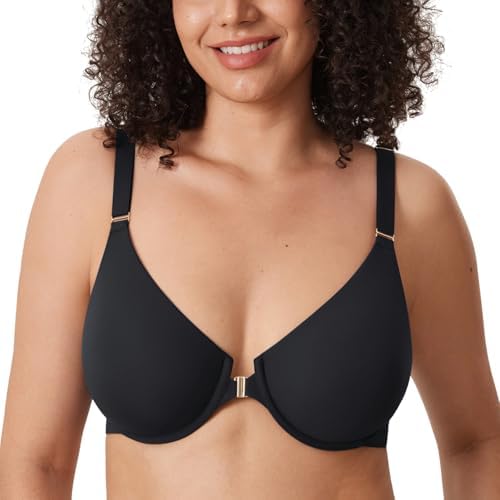 Inbarely Plus Front Closure Raceback Bras, Black
