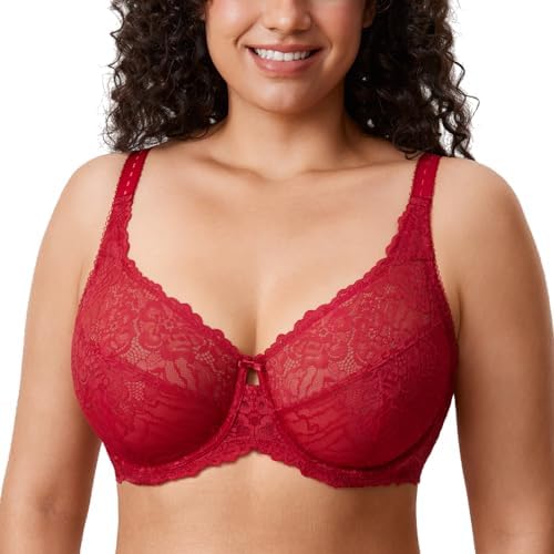 Minimizer Lace Full Coverage Bras, Dark Red