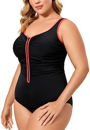 One Piece Bathing Suit Plus Size Swimsuit Tummy Control Front Zipper Swimwear, Black with Coral Trim