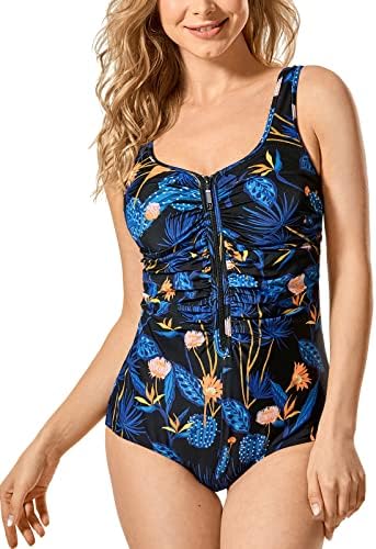 One Piece Bathing Suit Plus Size Swimsuit Tummy Control Front Zipper Swimwear, Blue Tropical Print