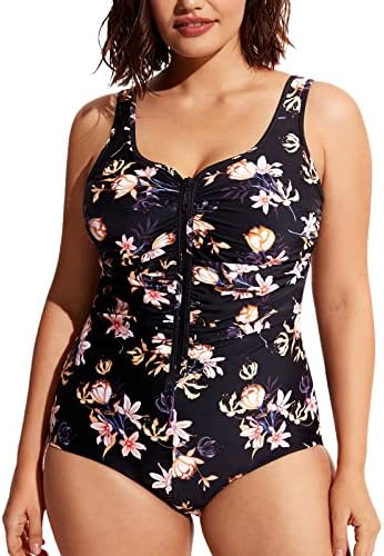 One Piece Bathing Suit Plus Size Swimsuit Tummy Control Front Zipper Swimwear, Flowers in Full Bloom