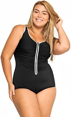 One Piece Bathing Suit Plus Size Swimsuit Tummy Control Front Zipper Swimwear, Black