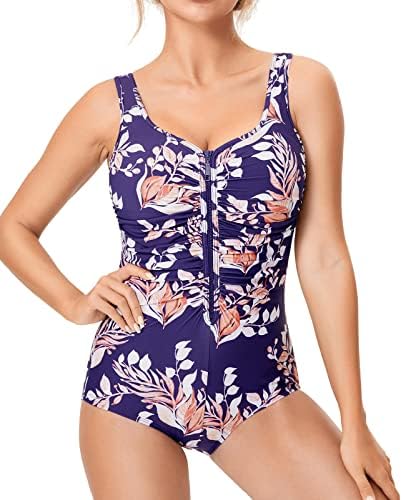 One Piece Bathing Suit Plus Size Swimsuit Tummy Control Front Zipper Swimwear, Violet Dew Condensation