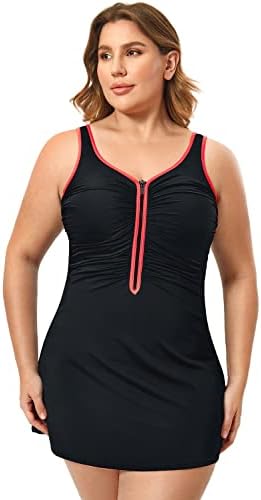 Plus Size One Piece Swimsuit, Black with Coral Trim