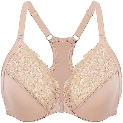 Racerback Front Closure Lace Bras, Beige