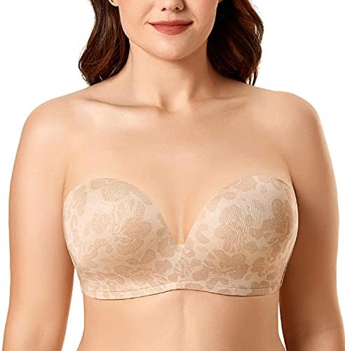 Slightly Lined Lift Support Invisible Seamless Plunge Strapless Bra, Beige Hibiscus