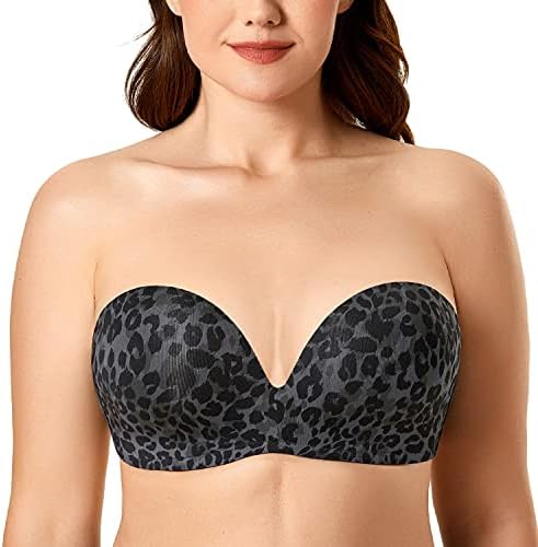 Slightly Lined Lift Support Invisible Seamless Plunge Strapless Bra, Charcoal Panthera Uncia