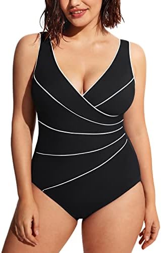 Slimming Swimwear One Piece Piped Swimsuit Plus Size Bathing Suit, Black