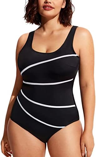 Striped One Piece Swimsuit, Black with White Piping
